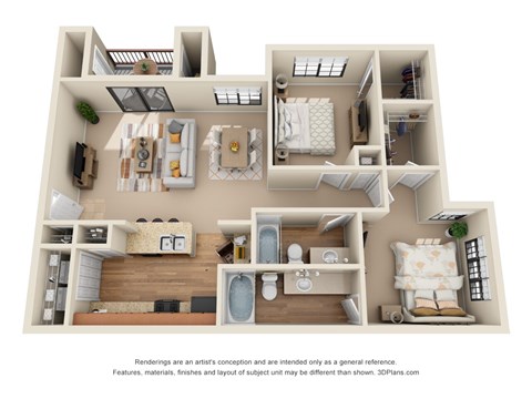 Floor plan for 2 beds, 2 baths, 1063 sqft